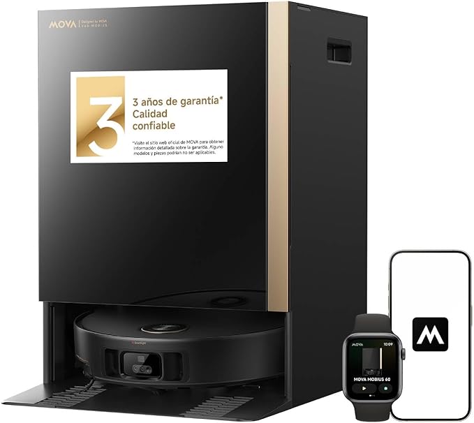 Mova Mobius 60 Robot Aspirador, Sistema MopSwap, 30000 Pa Succión, Salta Obstáculos 8 cm, Navegación FlexScope, Limpieza con Calor PTC 100°C, para Hogares con Mascotas