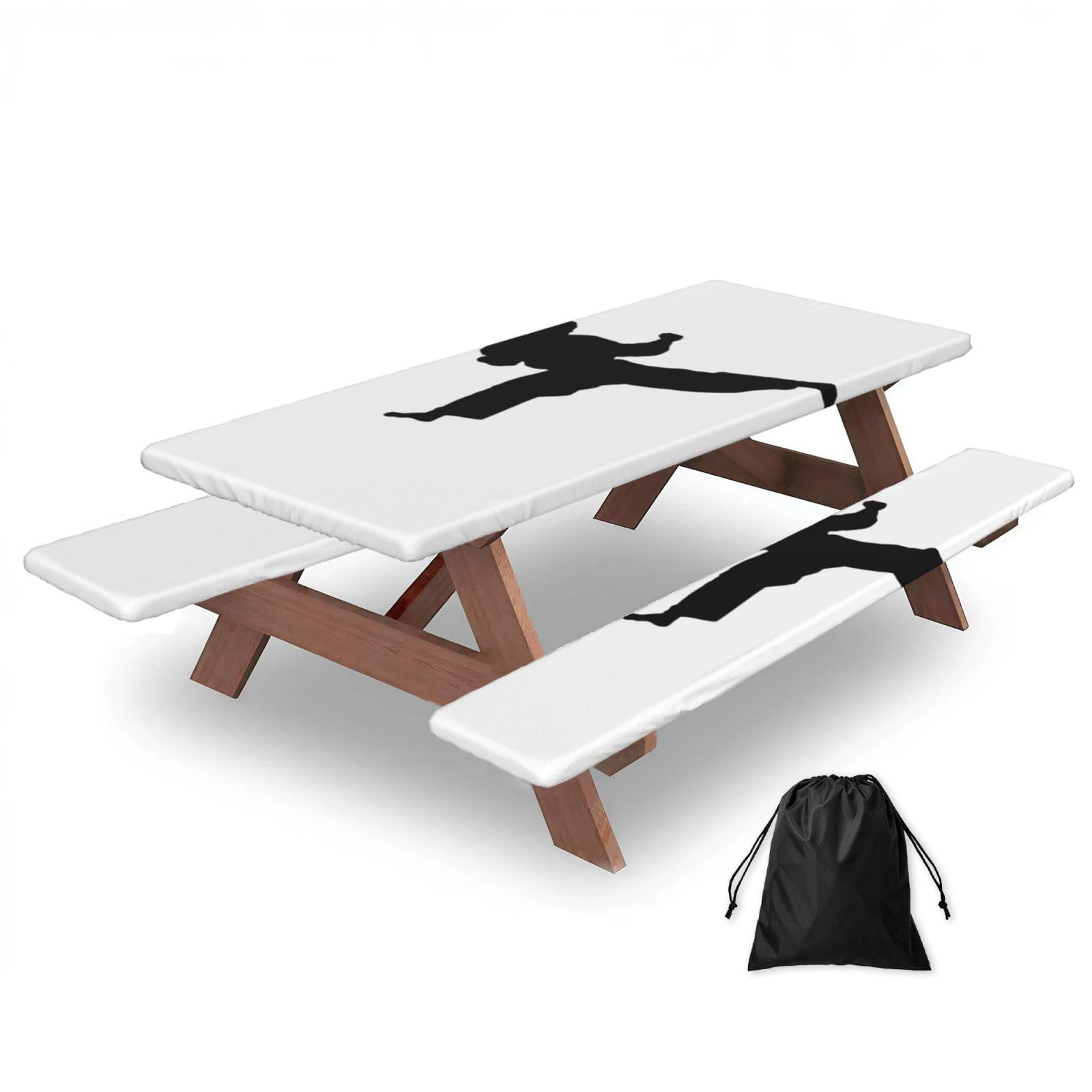 Duwaa Black Karate Print 183Cm Picnic Table Cover With Bench Covers, Waterproof Elastic Tablecloth Set For Outdoor