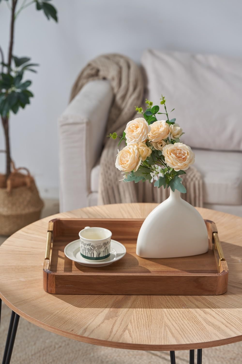 Acacia Wood Serving Tray with Handles, 17x13 Inch Ottoman Tray for Coffee Table,Candle Display,Breakfast in Bed, Large Wooden Decorative Tray with Non-Slip Pads, for Kitchen, Dining, Home Decor - Image 8