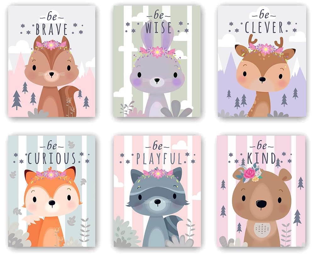 Inspirational Forest Animals Print Posters,Woodland Nursery Animal Canvas Wall Art,6 Piece Inspirational Forest Animals Print Posters, Picture Cute