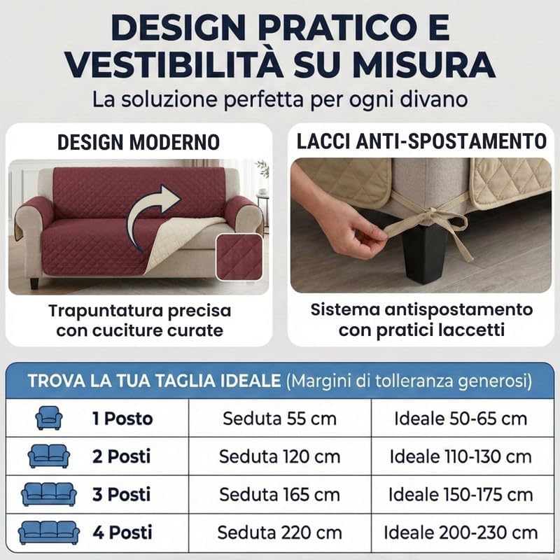 NARCISO Copridivano 3 Posti con Braccioli Made in Italy, Copri Divano Reversibile Realizzato in Microfibra Lavabile Nota per la Resistenza all'Usura Quotidiana, con Laccetti - Grigio Chiaro