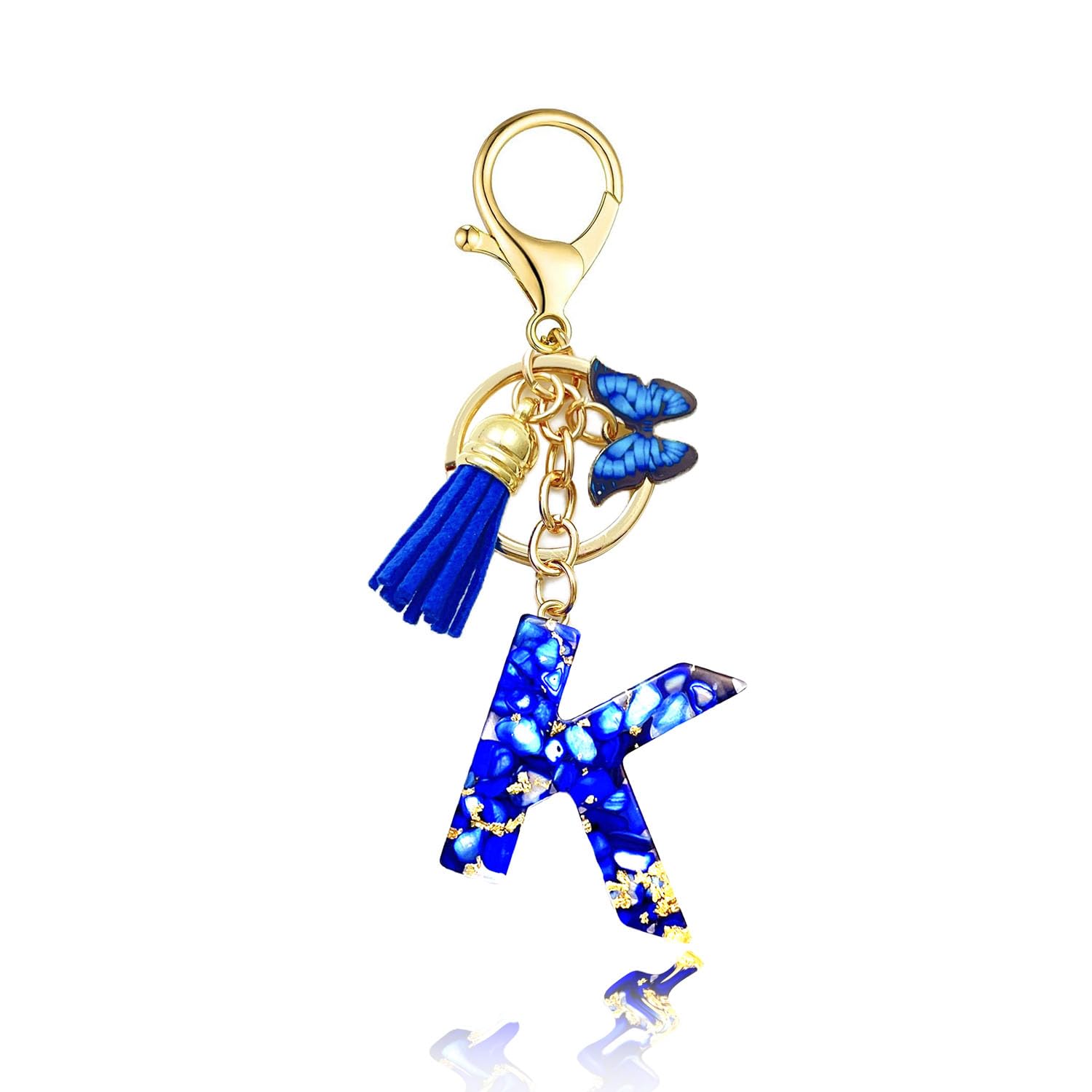 Baofuwan Keychain girl women letter key chain with initial letters butterfly handle pink blue golden for purse handbags school bag