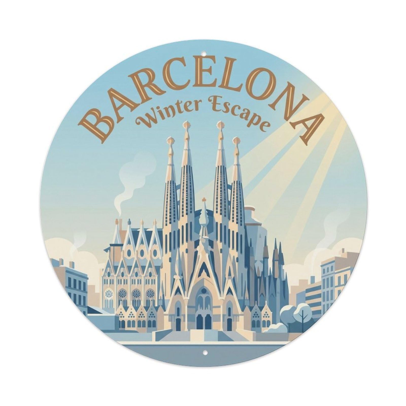 Barcelona Winter Basilica Vintage Spain Travel Landmark Metal Tin Sign Plaque Wall Decor for Cafe, Man Cave, Club Bar, Office, Home Garden Round Metal Poster 8x8Inch