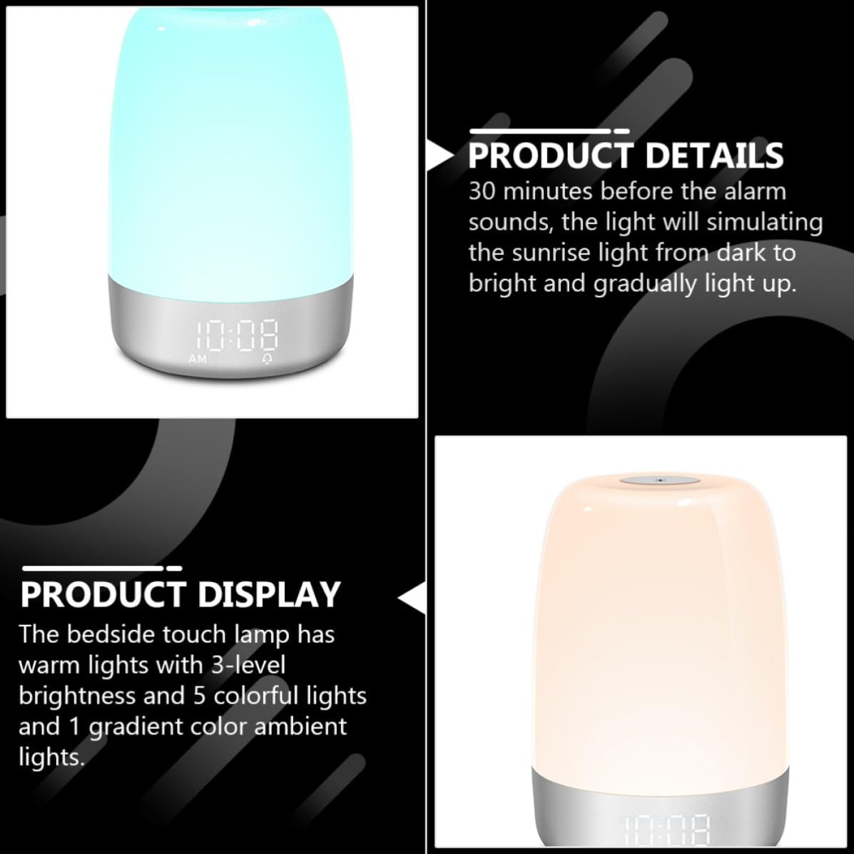 STOBAZA Lampe de Réveil LED Blanche Lumière Ambiante Colorée et Simulation D'aube, Minuterie Tactile pour Chambre, Veilleuse de Chevet Multifonction en Abs et PC