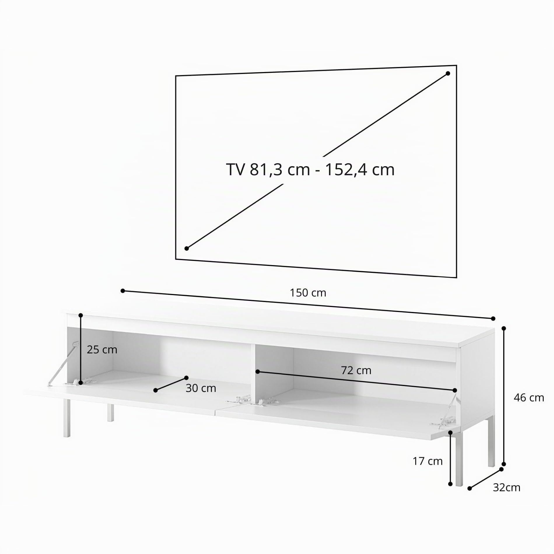 Selsey Mobile TV Mobile Porta TV 2 Ante 150 cm Con Piedini Neri Per Soggiorno Camera Da Letto Nero Bemmi