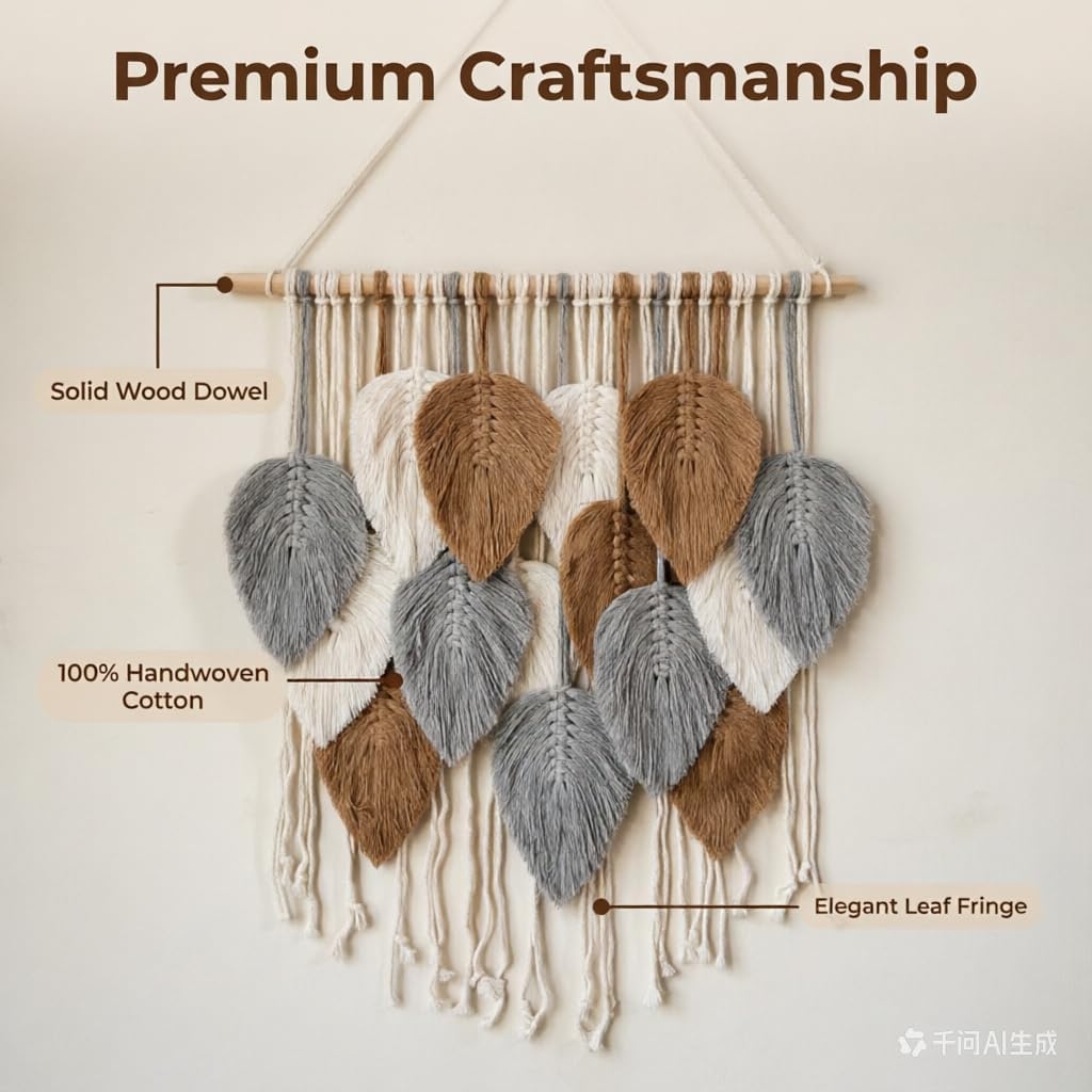 Jditngp Macrame Leaf Wall Hanging Boho Woven Tapestry,Vertical Large Wall Decor Tassels Grey brown Hand Woven Leaf Feather Pendants Nordic Wall Art for Bedroom Living Room Apartment 23.6" WX31.5 L