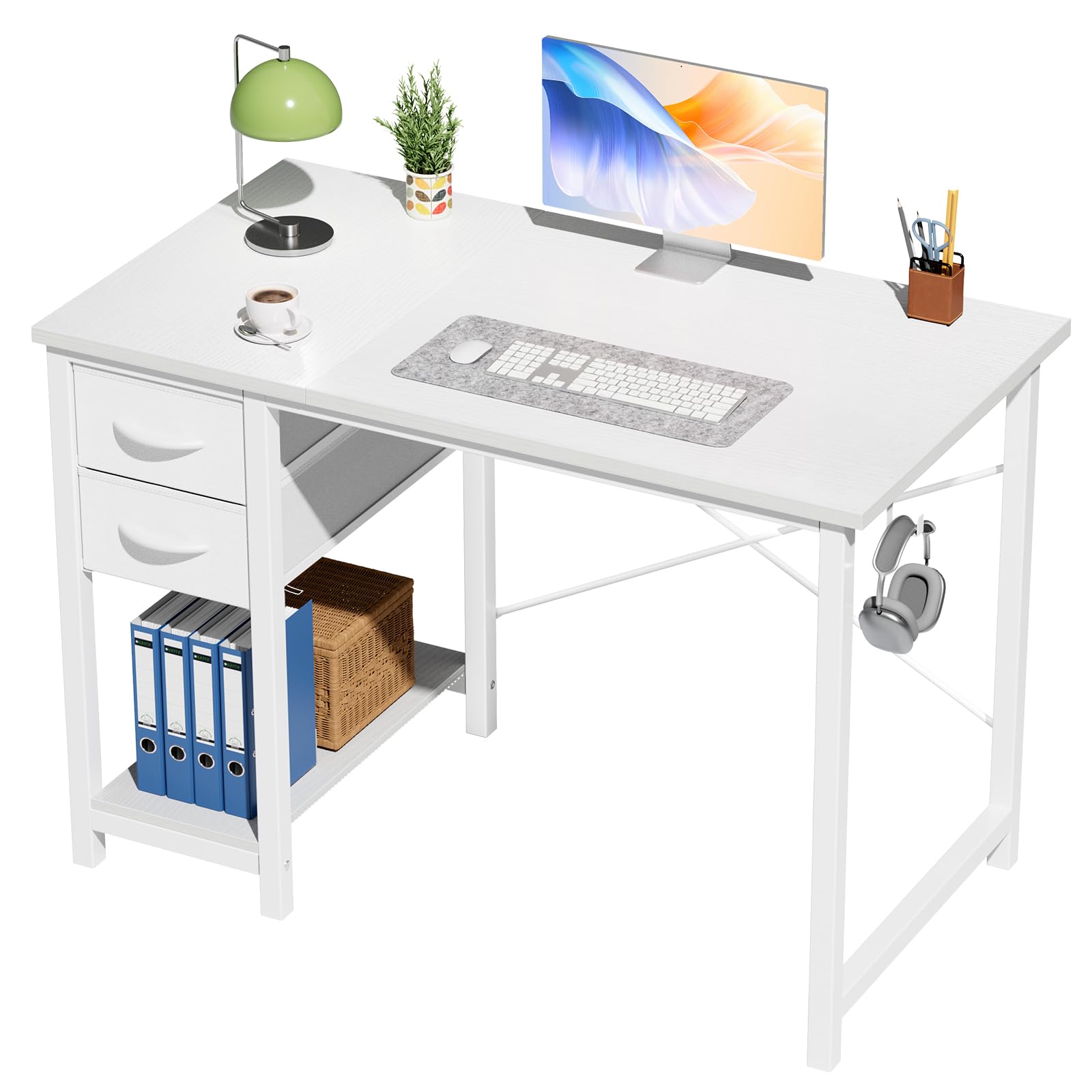 DUMOS 40 Inch Small Computer Desk with Drawers and Side Hook, White