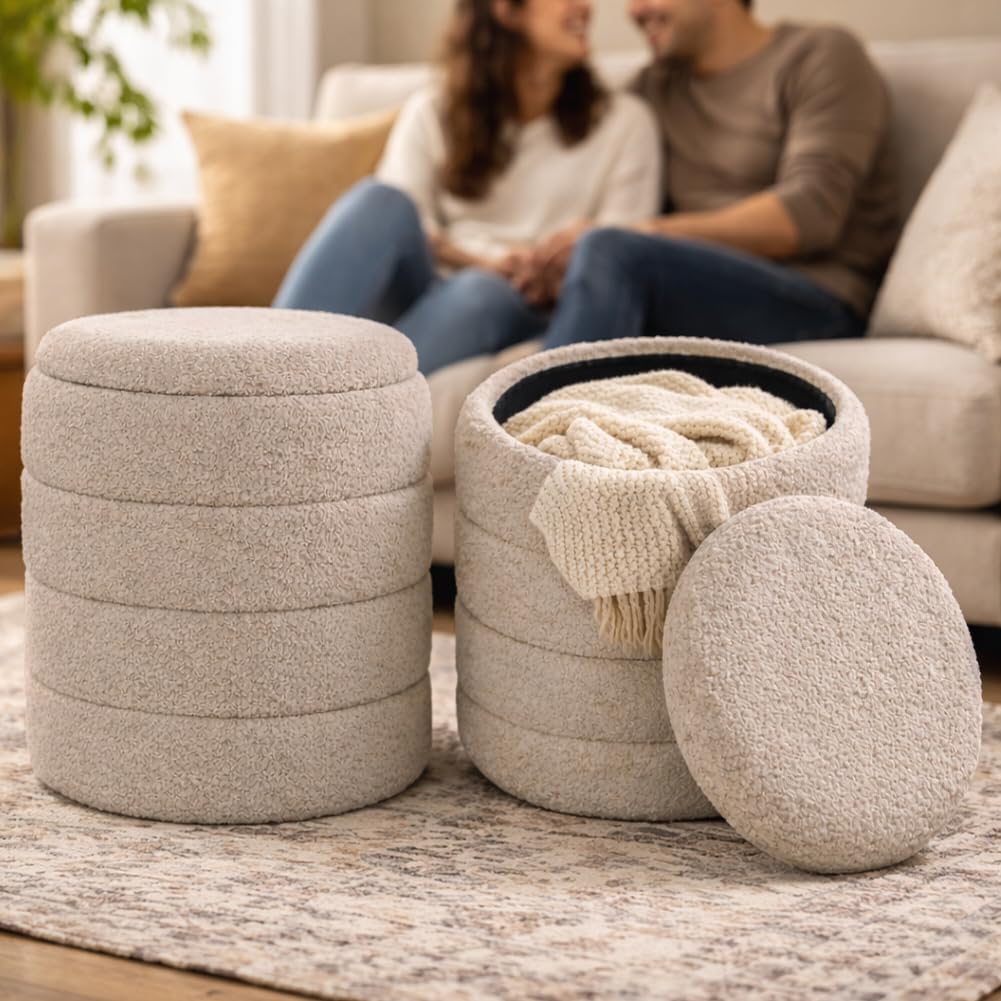BAKAJI Set 2 Pouf Contenitori Teddy con Rivestimento Bounclè, Poggiapiedi Tondo con Seduta Imbottita ad Alta Densità Ergonomica, Coperchio Removibile e Vano Portaoggetti Capiente (Beige)
