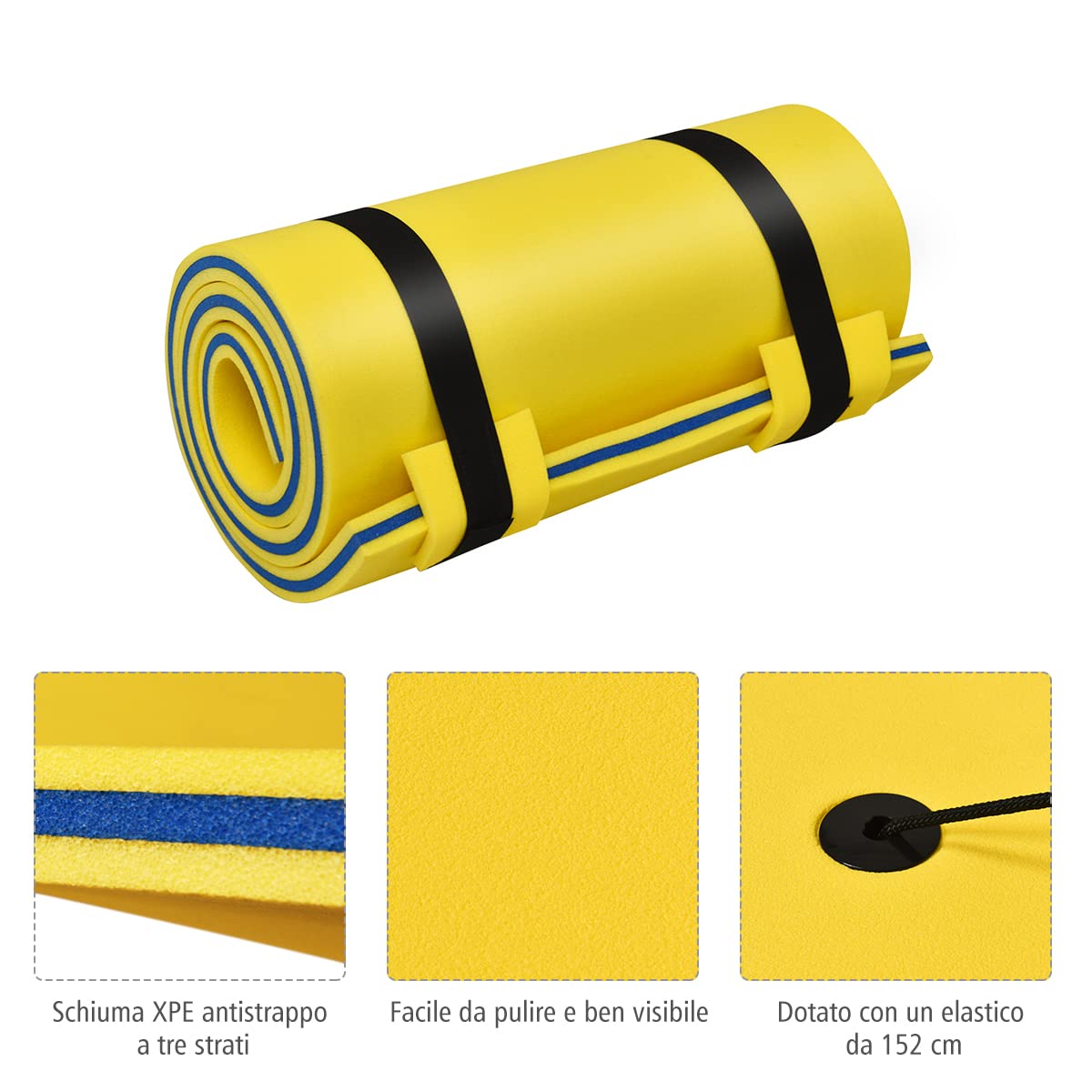 COSTWAY Tappeto Galleggiante per Mare e Piscina Arrotolabile, Materassino Galleggiante in Schiuma con Poggiatesta e Corda, Galleggiante Piscina Resistente