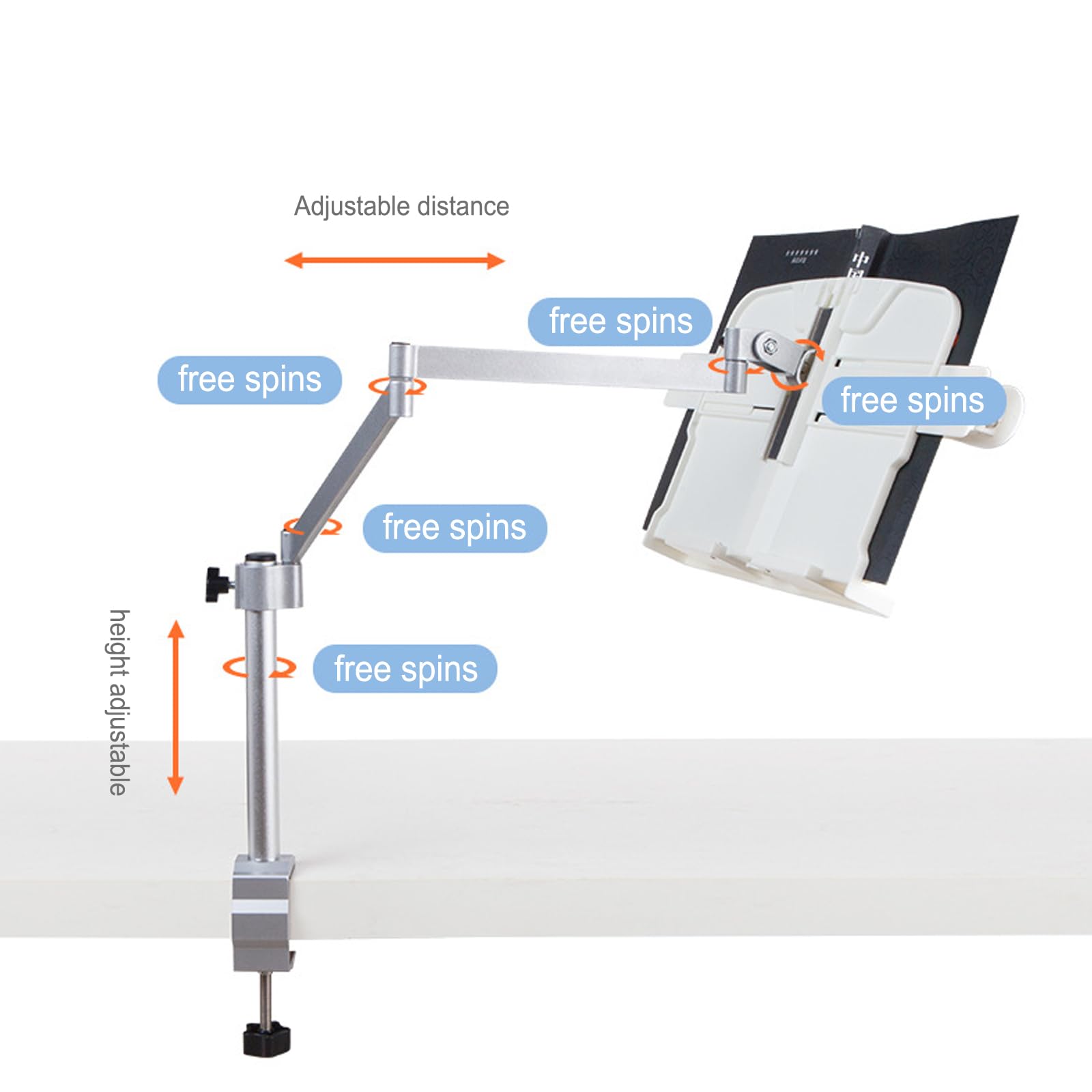Supporto regolabile per libri con morsetto, per tablet e telefono, con clip per pagine a mani libere e supporto da scrivania girevole.
