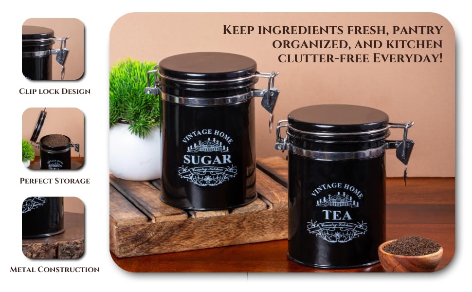 Image of Metallure Home Clip-Lock Round Classic Tea Sugar Container Set of 2 | Metal Container for Kitchen Storage | Airtight Jar Set | Food-Safe Tea Jars for Kitchen (Black)