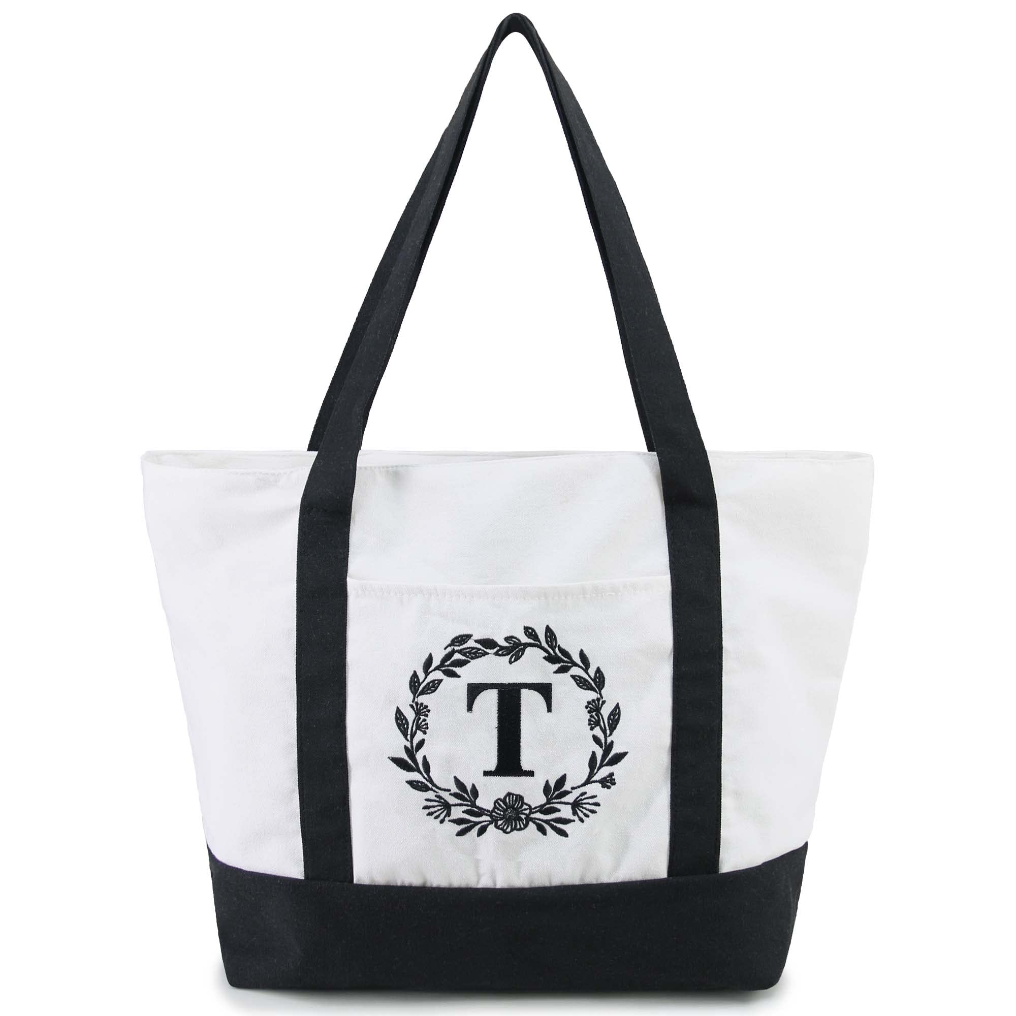 BeeGreenInitial Embroidery Beach Tote Bag with Zipper Inner Pocket, Large 12oz Canvas Tote Bag Monogrammed Personalized Gift Bag for Teacher Mother's Day Women Bride(Letter T)