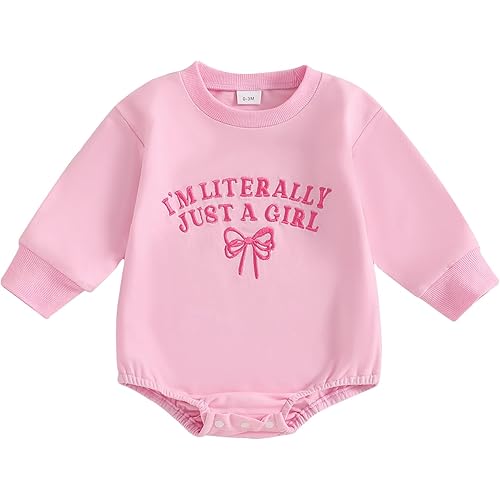 Newborn Baby Girl Outfit I'm Literally Just A Girl Bow Embroidery Sweatshirt Bubble Romper Cute Long Sleeve Bodysuit