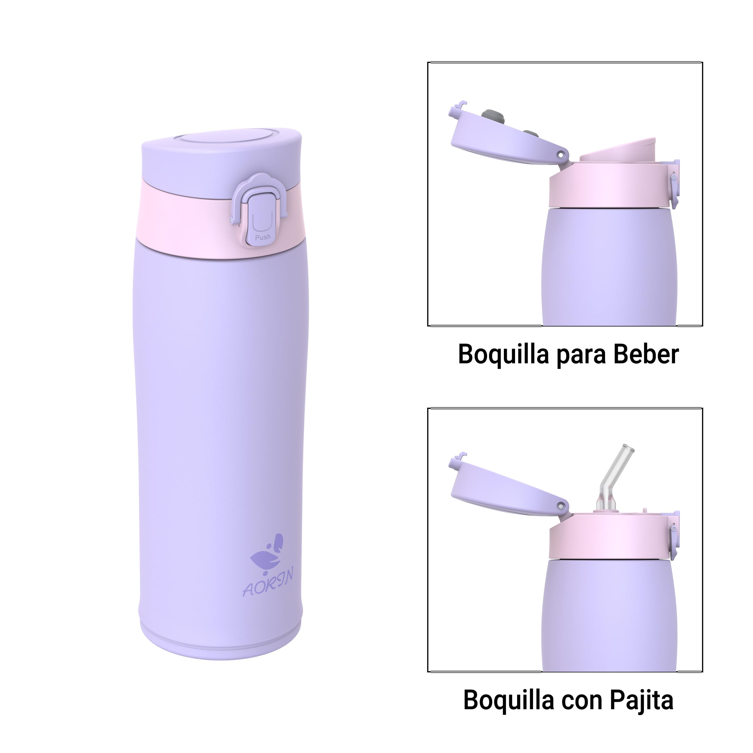 AORIN Botella Agua Acero Inoxidable 18/8 con 2 Tapas, 500ml Botella Agua Niños, Botella Térmica Anti-Fugas, Botella Gimnasio, Termo sin BPA para Deportes, Exterior, Viajes y Escuela — view 2