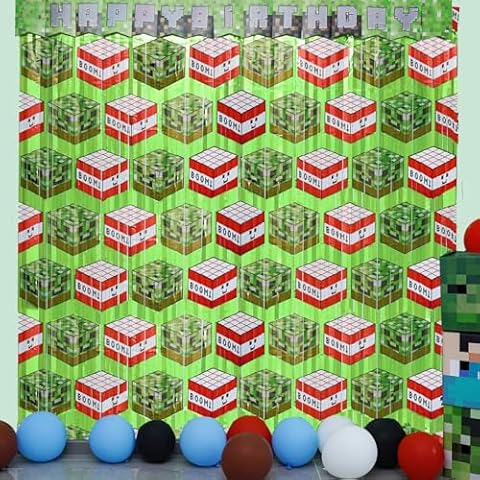 Pixel Game Themed Party Supplies, 4 Pack Pixel Video Game Party Tinsel Foil Fringe Curtains, Miner Themed Photo Booth Prop Backdrop Streamer,Miner Crafting Birthday Party Decorations Cover