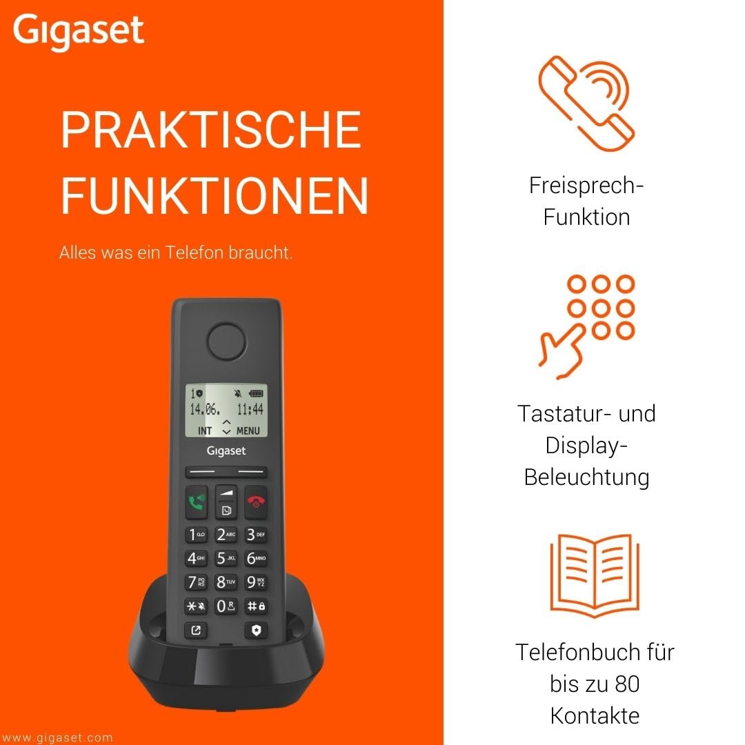Gigaset Pure 220 - DECT-Telefon - mit Call-Block-Taste und Freisprechfunktion - Hörgerätekompatibel, Adressbuch mit 80 Kontakten, anthrazit schwarz [Kompatibel in DE, IT, FR, NL, BE, Che, AUT]