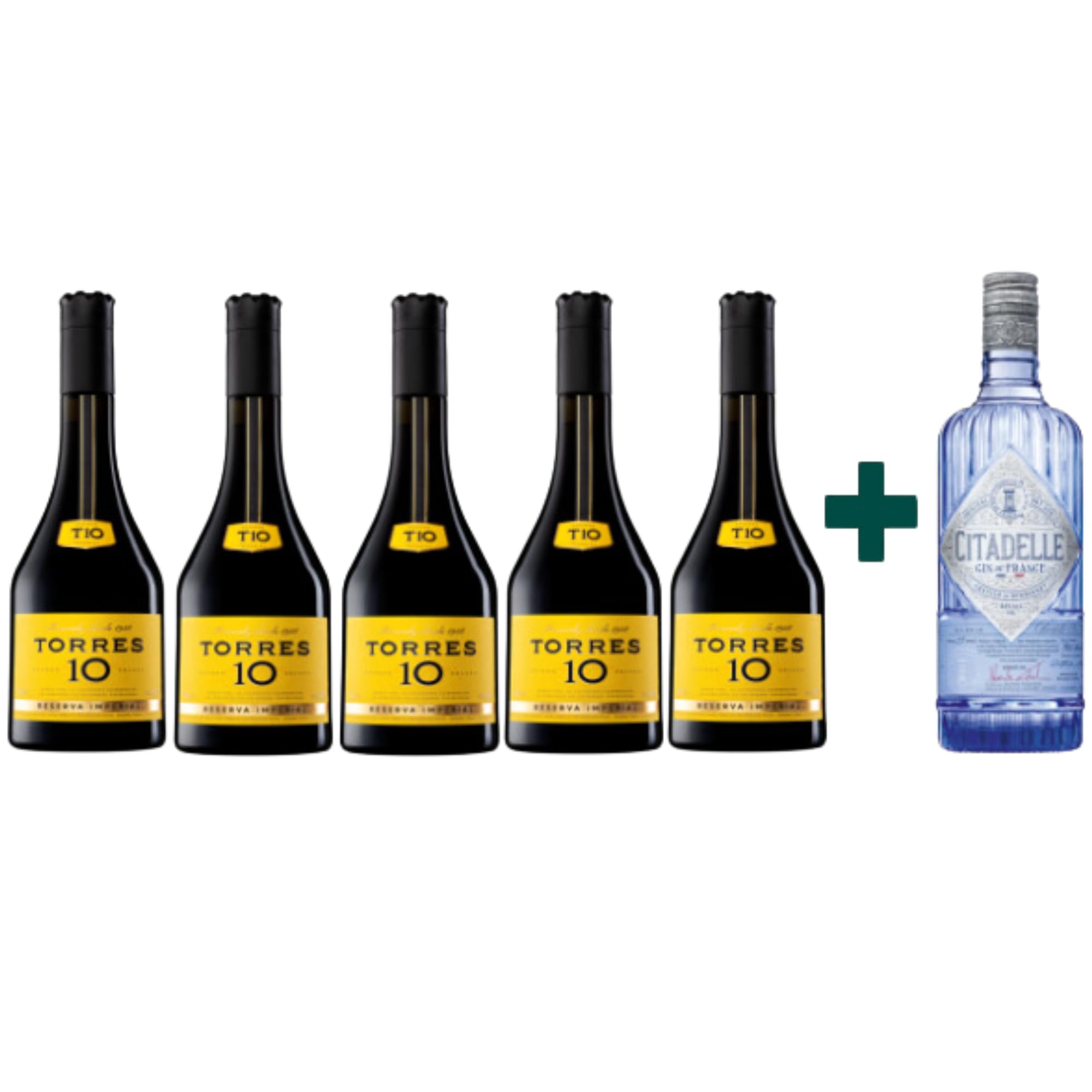 Brandy Torres 10 – El Clásico que Nunca Falla | Sabor Intenso y Suave | Botella Ginebra Citadelle Regalo | Pack 5 Botellas + 1| Ideal para Regalo o Celebraciones| 70cl