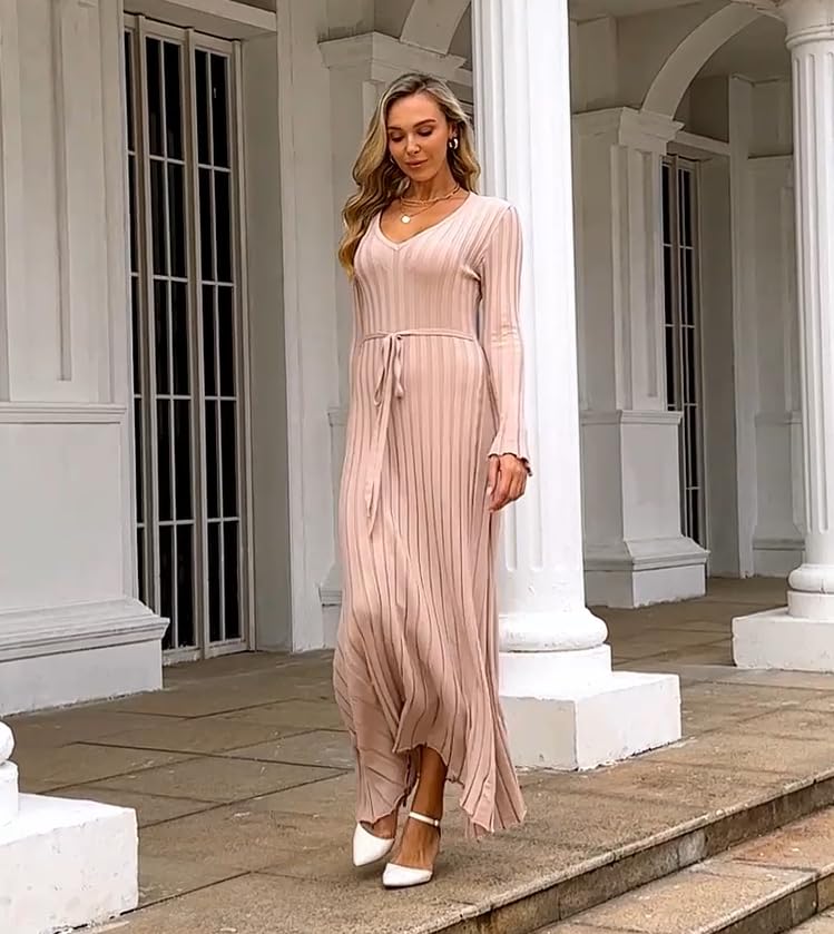 Image of Women's Long Knit Crewneck Sweater Dress Tie Waist A-Line Swing Pleated Bodycon
