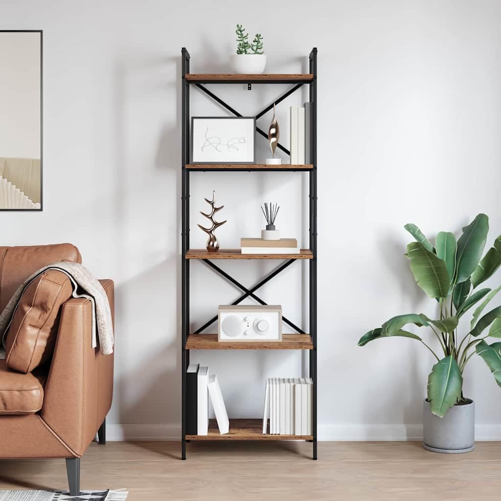 Regał na książki o wyglądzie starego drewna, 56 x 34 x 171 cm, przemysłowy regał stojący z 5 półkami, wytrzymały materiał drewnopochodny do salonu, biura domowego, wszechstronne