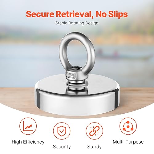 Miniatura 3 de VEVOR Imán de pesca de neodimio súper fuerte, fuerza de tracción de 700 libras, imán de tierras raras de 2.36 pulgadas con mango para recuperar en