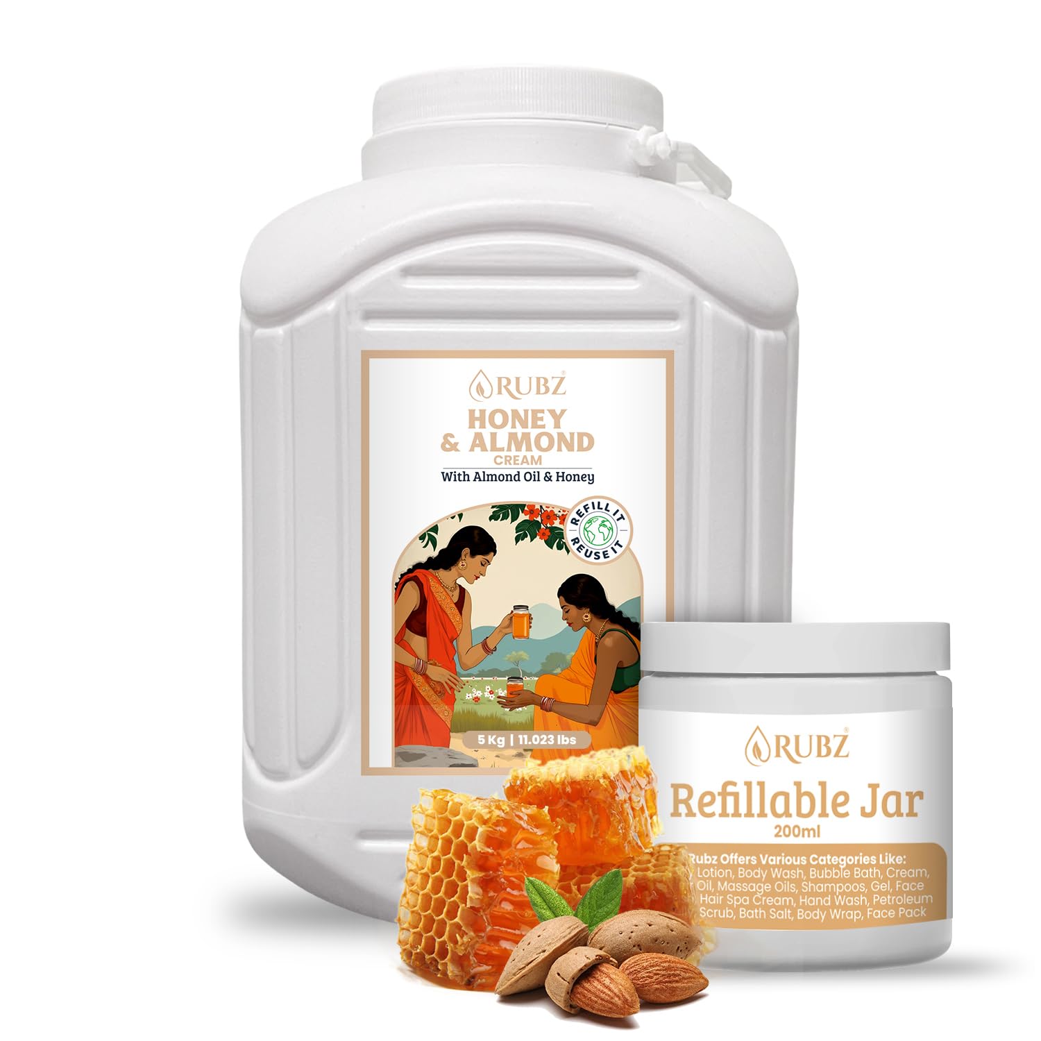 rubz honey & almond cream for face & body | with goodness of cocoa butter | deep moisturization, hydration, and softening |suitable for all skin types | 5 kg with 200ml refillable jar