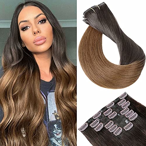 Maxfull Seamless Clip In Remy Hair Extensions Dark Brown Ombre, Soft Skin Weft Clip On Human Hair, 7pcs, 18inch, 110g