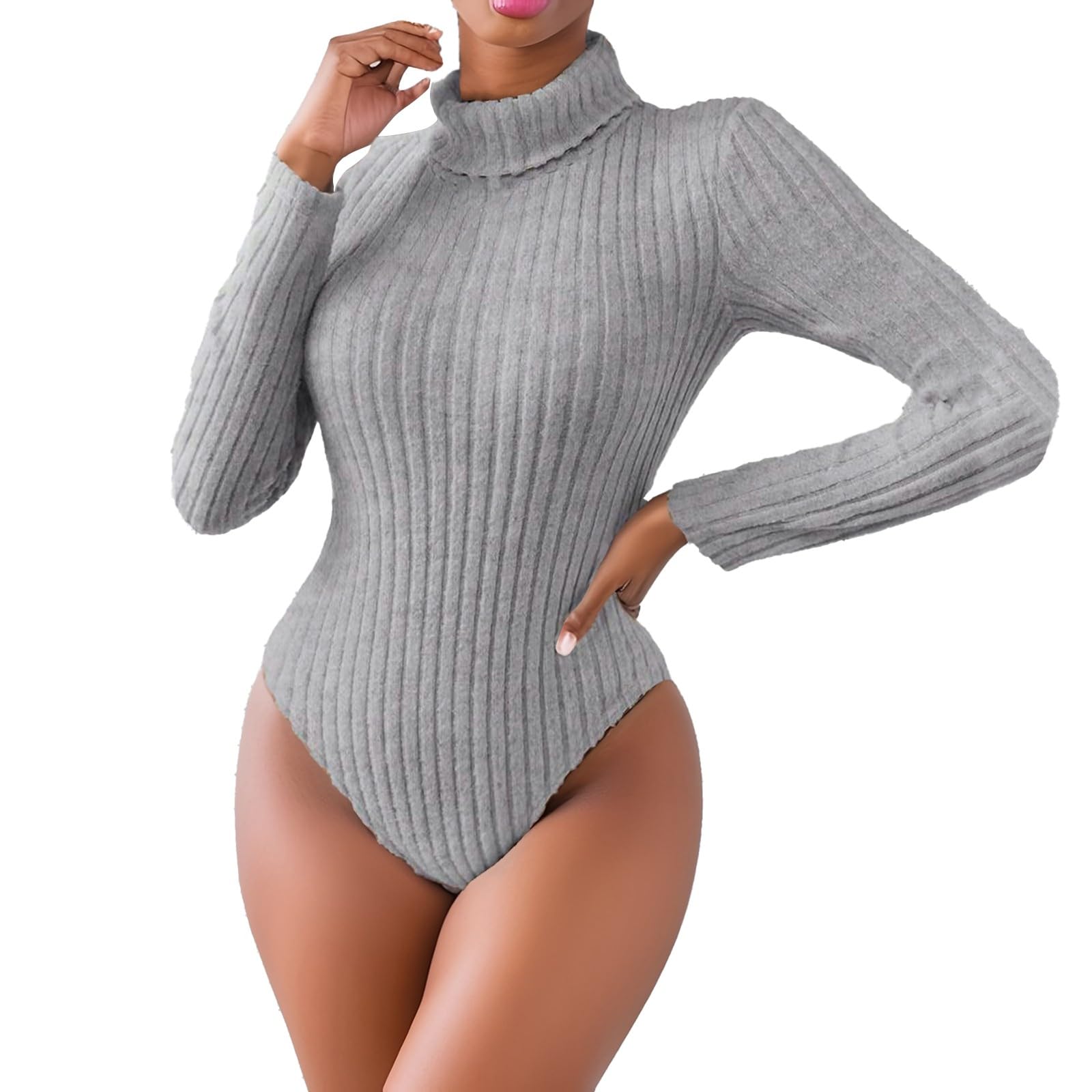 Heevina Sweaters for Women Solid Color Bodysuit High Neck Turtleneck Ribbed Warm Winter Jumpers Sweater Long Sleeve