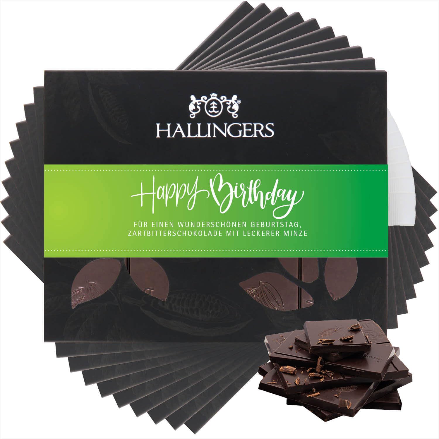 Hallingers Genuss Manufaktur Vegane Schokolade Geburtstagsgeschenk - Tafel handgeschöpfter Edelkakao ohne Alkohol edler Karton 10x "Happy Birthday ..." Minze, Geschenke für Frauen Männer