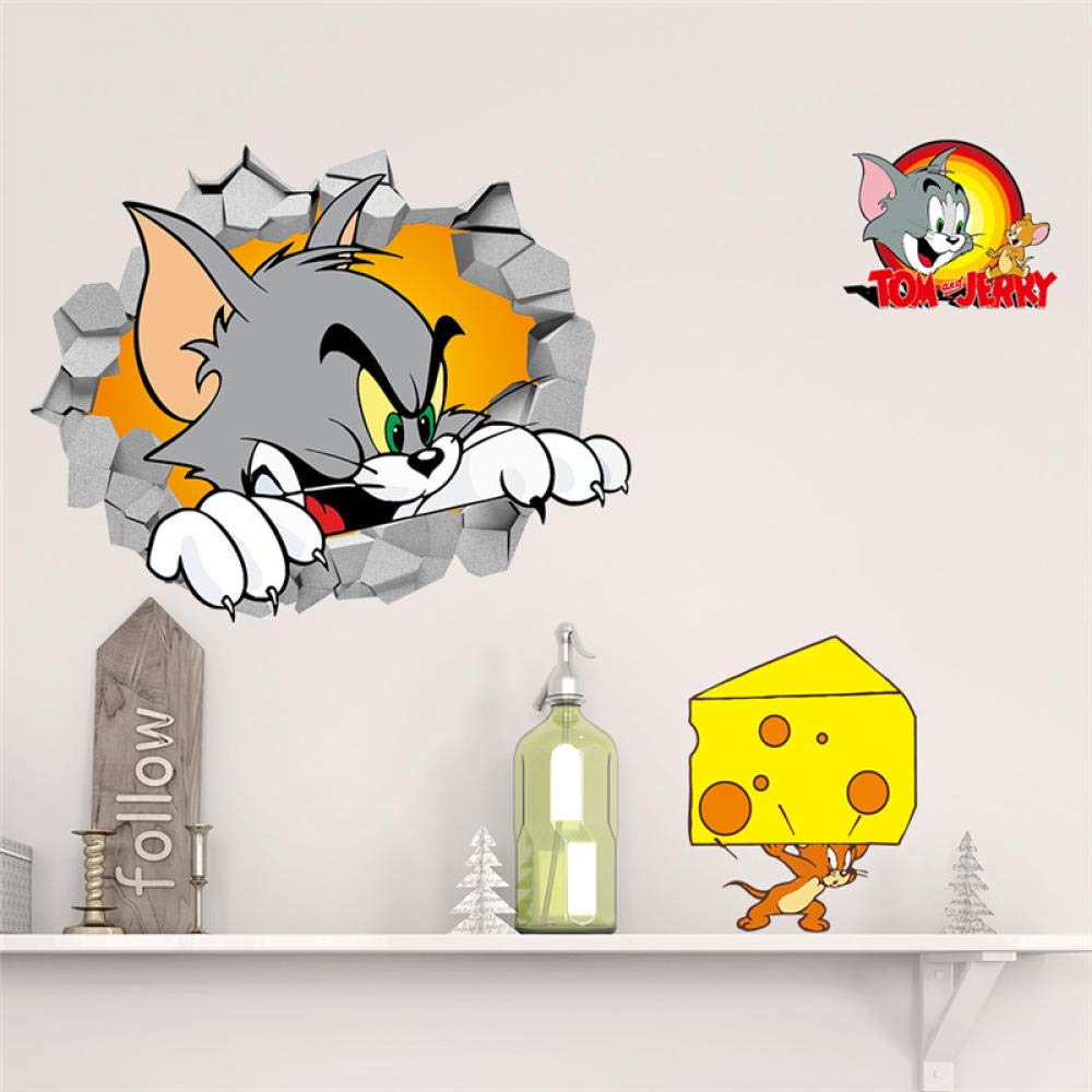 CSCH Wall Sticker Tom Cat Jerry Rat 3D Hole Wall Decal Children's Room Family Decoration Animal Mural Art Movie Poster Children Wall Decal