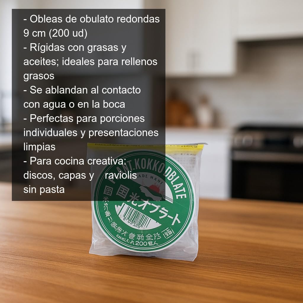 Obleas de obulato redondas 9 cm 200 unidades para envoltorios comestibles y bocados creativos, ideales con rellenos grasos y emplatado limpio