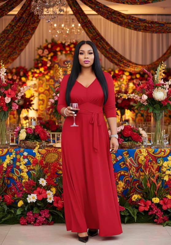 Maxi Dress for Women 3/4 Sleeves V-Neck Semi Formal Church Long Casual Dresses with Pockets - Image 3