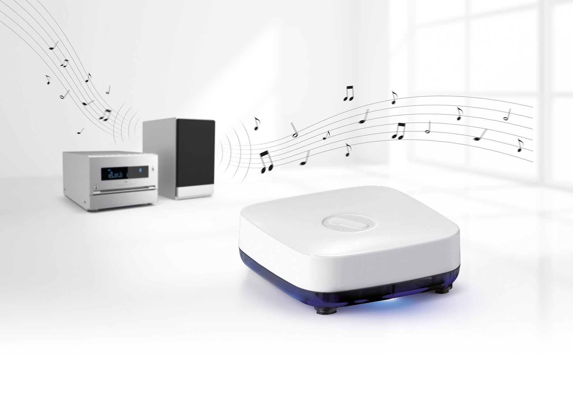 One For All SV1810, Receptor de música Bluetooth, Transmite música de manera inalámbrica, Plug & Play, blanco