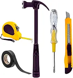 Kit de Ferramentas com 5 Peças – Conjunto Essencial para Reparos Domésticos e Oficina – Martelo, Estilete, Fita Métrica, Fita Isolante e Chave Manual