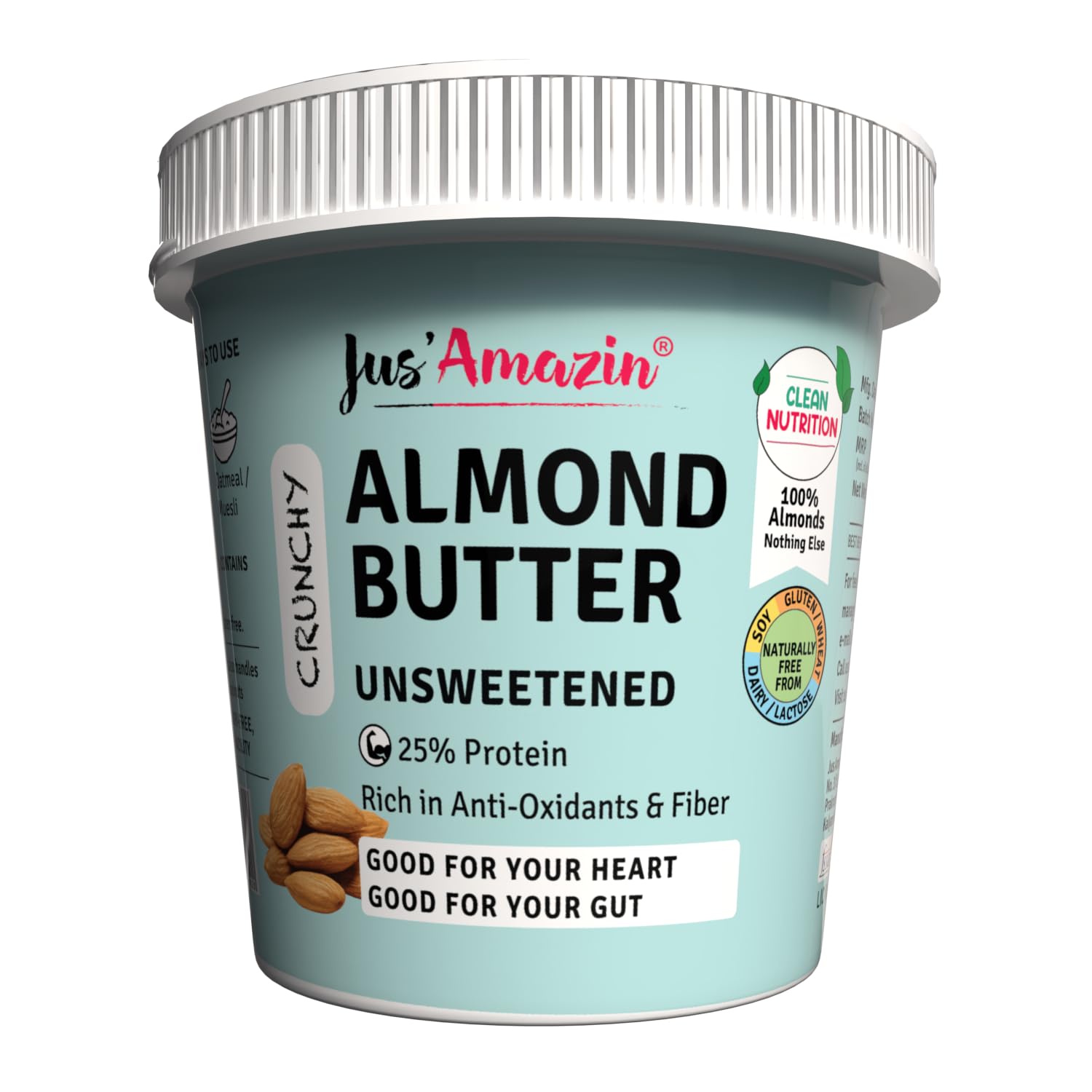 Jus' Amazin Crunchy Almond Butter - Unsweetened (1 Kg Tub) | 25% Protein | Only Whole Almonds (100% Pure) | Zero Additives | 100% Natural | Dairy Free | Keto | Plant Based Nutrition | Clean Nutrition