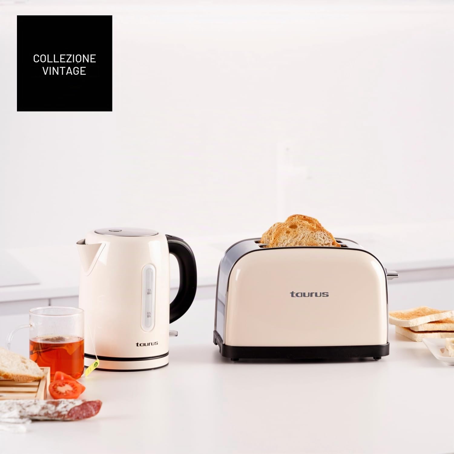 Taurus - Bollitore elettrico 2400W 1L | Bollitura rapida | Base 360° | Spegnimento automatico | Filtro estraibile | Senza BPA | Indicatore livello acqua | LED | Inox | Crema