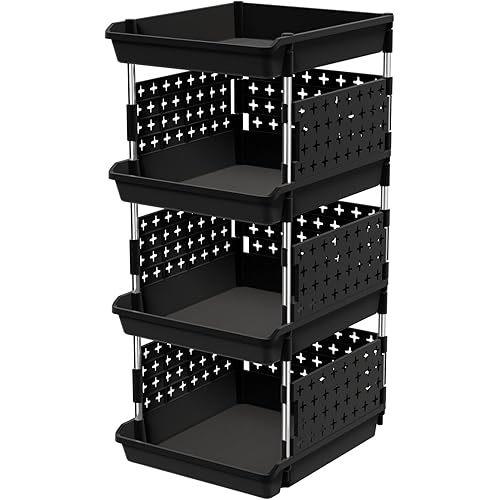 Lifewit Plastic Stackable Storage Baskets, 4 Tier Stacking Bins for Food and Clothes, Multifunctional Organizer for RV, Kitchen, Playroom, Pantry, Black, 35 x 30 x 72 cm/14 x 12 x 28 inch, 1 Pack