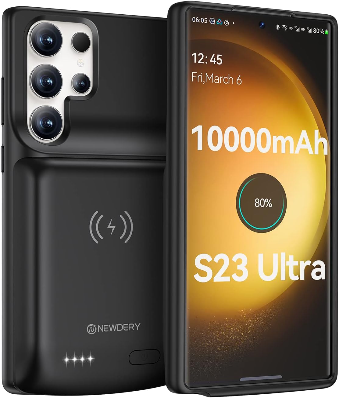 NEWDERY Galaxy S23 Ultra Battery Case, 10000mAh Portable Power Bank Backup with Qi Wireless Charging, Sync Data & NFC, Black TPU and Polycarbonate Battery Case