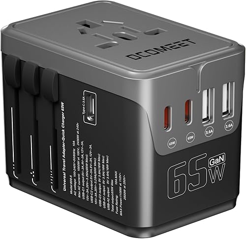 Adaptador de viaje universal de 65 W, adaptador de viaje internacional GaN con 3 tipos C y 2 adaptadores de corriente USB-A, cargador rápido para