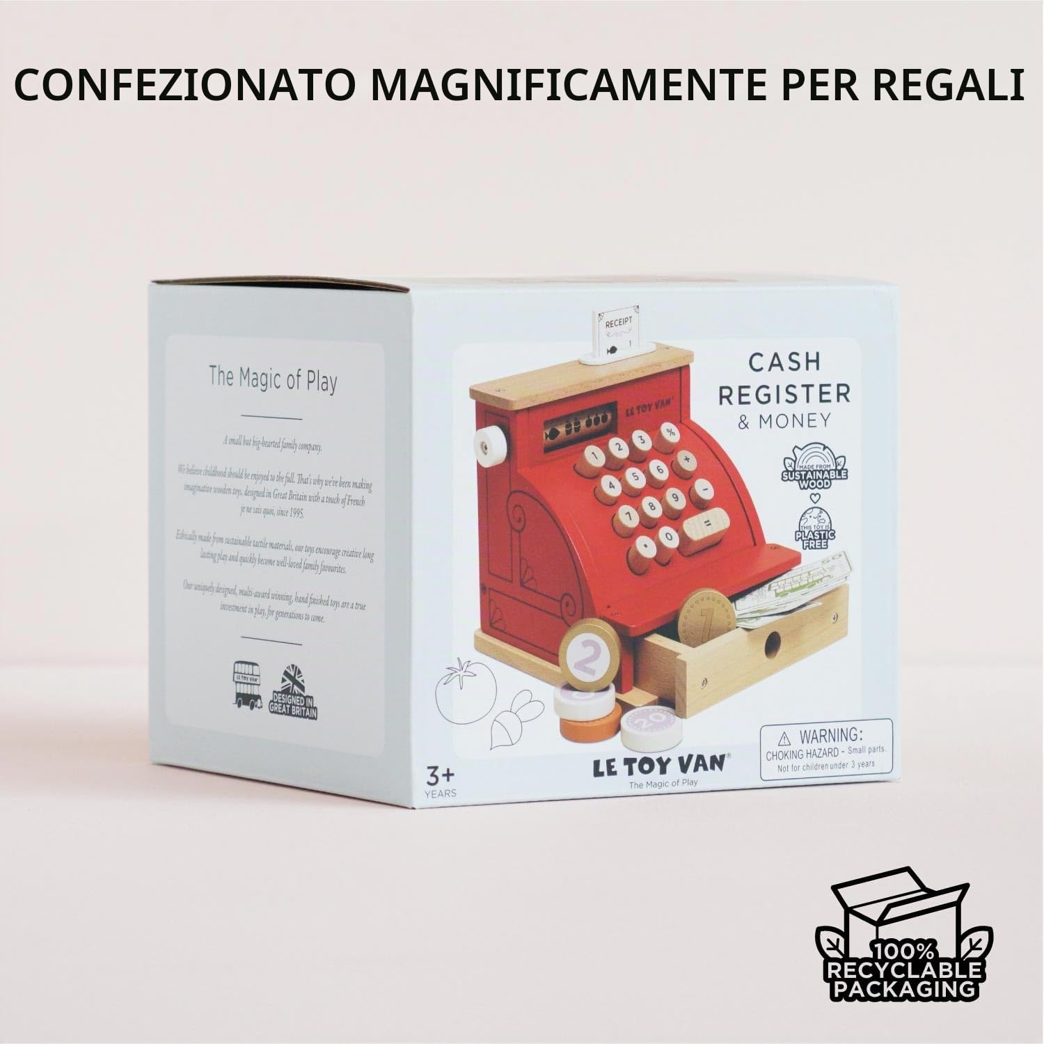 Le Toy Van Gioco educativo per bambini dai 3 anni registratore di cassa in legno con scontrino, monete e banconote, giocattolo ecologico, Montessori, in legno certificato FSC