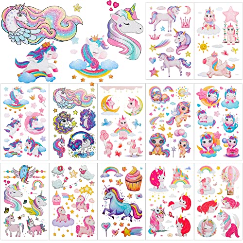 Qpout 12 Feuilles De Tatouages Temporaires De Licorne à Paillettes Pour Enfants, fournitures d'anniversaire pour filles Cadeaux Licorne Décorations de Fête Jeux Prix Jouets Licorne pour Fête Cover