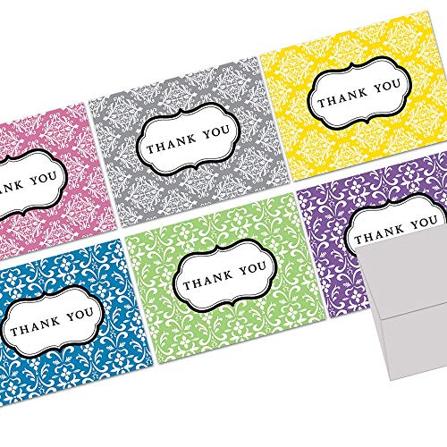 Note Card Cafe Thank You Cards with Gray Envelopes | 36 Pack | Damask Thank You | Blank Inside, Glossy Finish | for Greeting Cards, Occasions, Birthdays, Gifts
