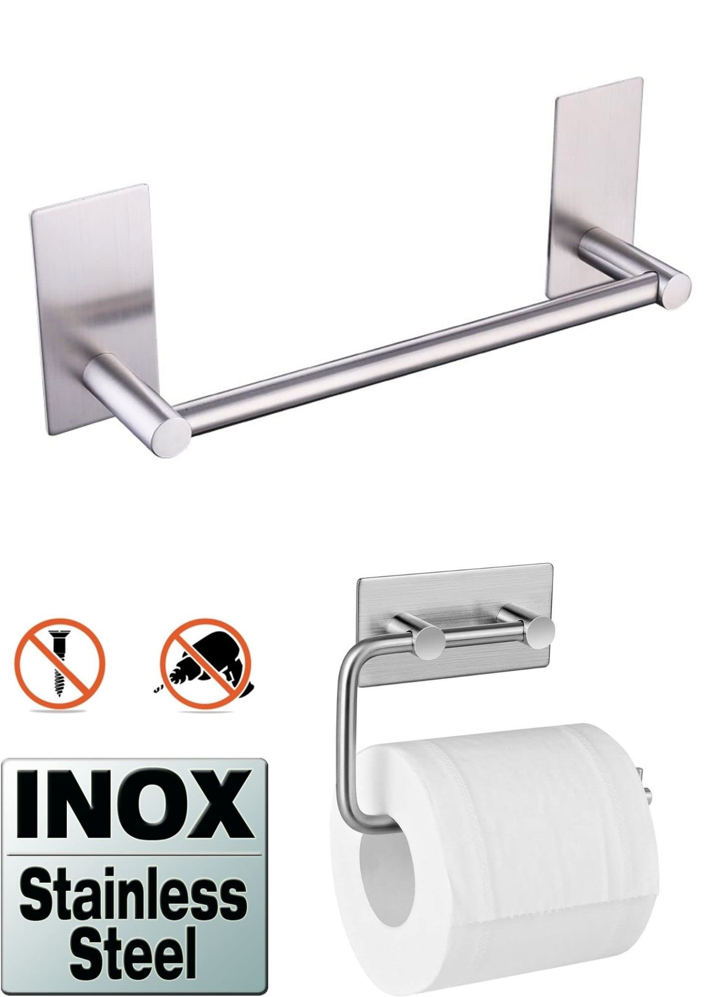 DELTAHOME Paslanmaz Çelik 30cm Havluluk Ve Tuvalet Kağıtlığı Set - inox - Kendinden Yapışkanlı