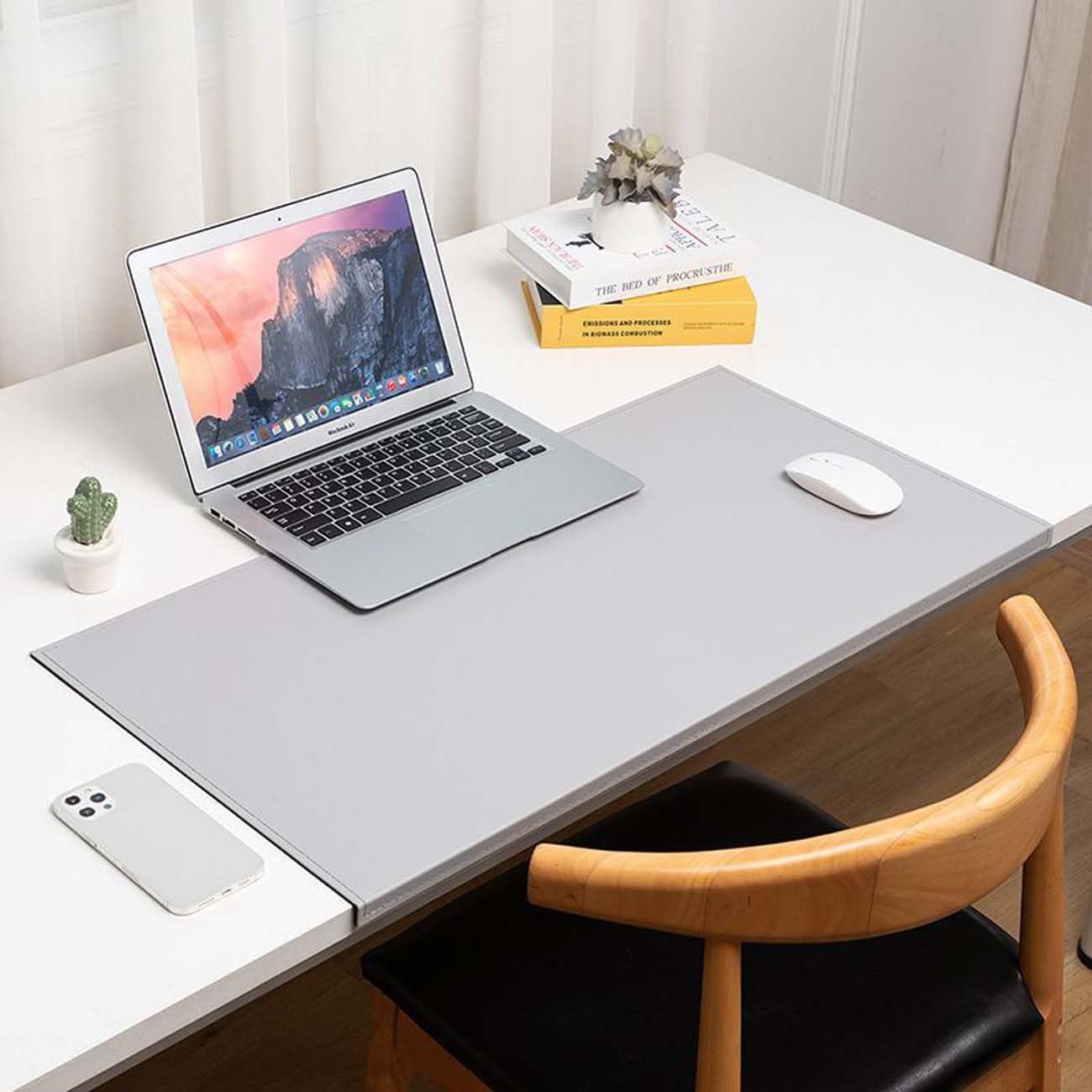 Leather Desk Pad with Edge Protector, Office Desk Mat for Writing Working Typing, Edge-Locked Large Mouse Mat, Comfortable Waterproof Wipeable Table Protector (60x120cm,Gray)