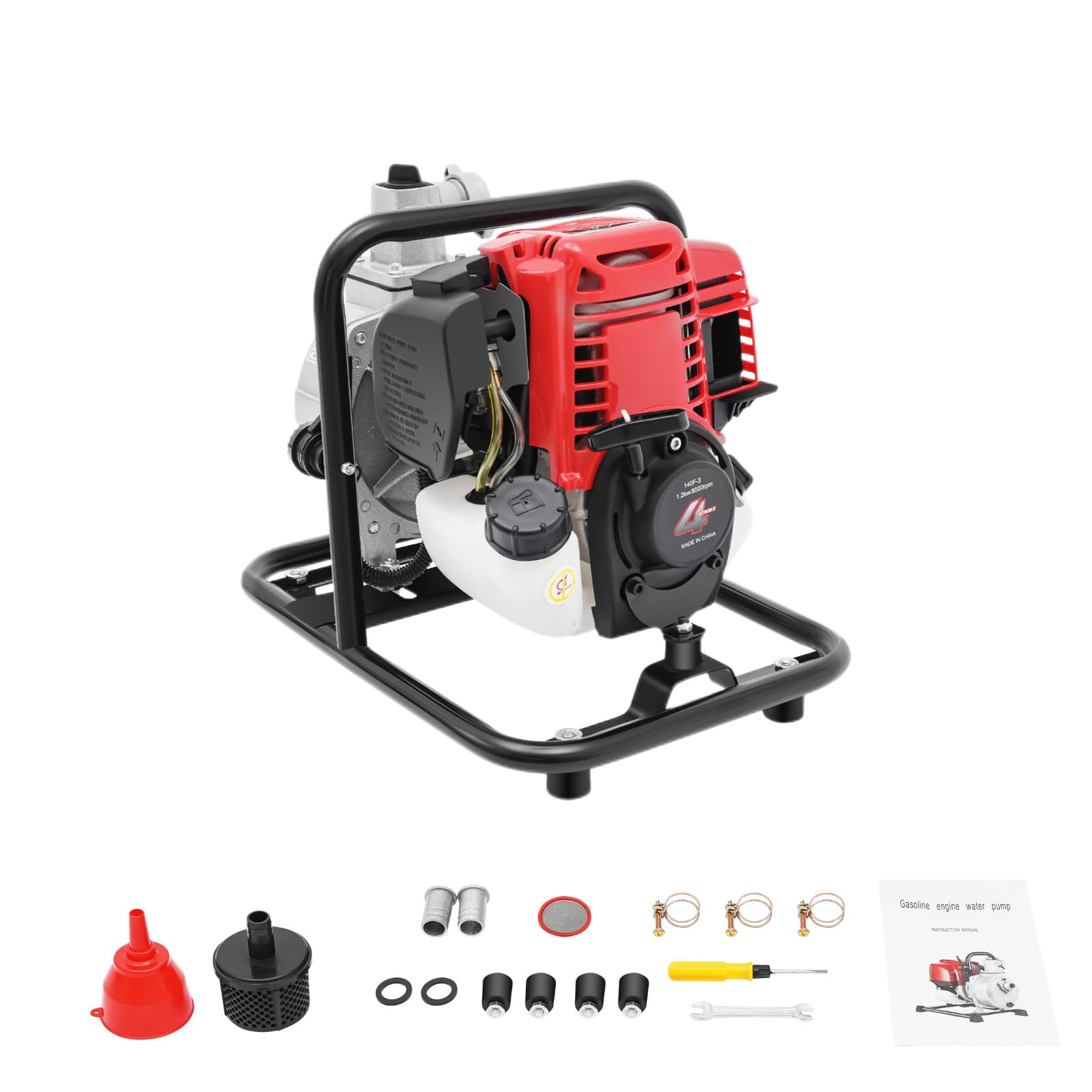Pompe à Eau Thermique 4 temps, 1.2 kW 38 cc Motopompe Essence Auto-amorçante, 135 L/min, avec filtre à air pour irrigation, pour Irrigation Jardin, Aménagement Paysager