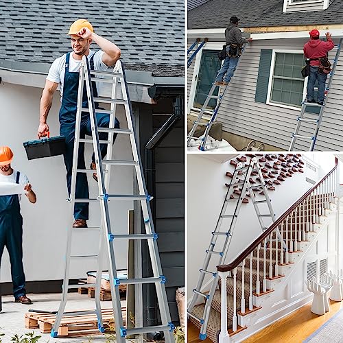 LUISLADDERS Telescoping Ladder, A Frame 5 Step Muti Position Folding Ladder Flared Leg & Wheels Design, 330 lbs Capacity 19 Ft Reach Height Extension Ladders for Household Outdoor Work