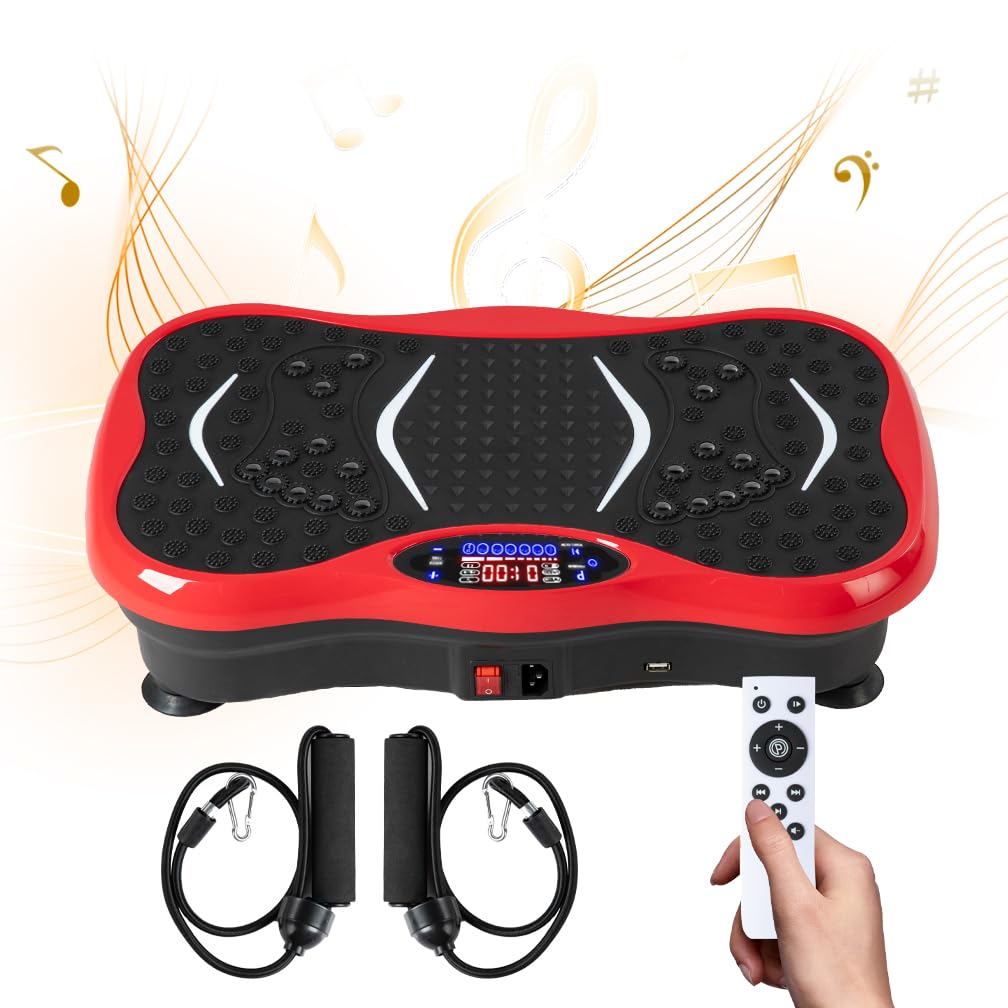 Vibration Plate Exercise Machine for Whole Body Workout - Home Fitness Vibrating Platform with Resistance Bands - Improve Circulation, Muscle Tone & Bone Density - Supports Up to 330 lbs（Red）-image-48