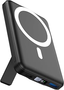 AOGUERBE Batterie Externe avec Magsafe pour iPhone, 10000mAh Power Bank Magnétique Sans Fil – Wireless Pliable Magnetic Battery PD 22.5W Charge Rapide et Affichage LED Chargeur pour iPhone 12-17 Série