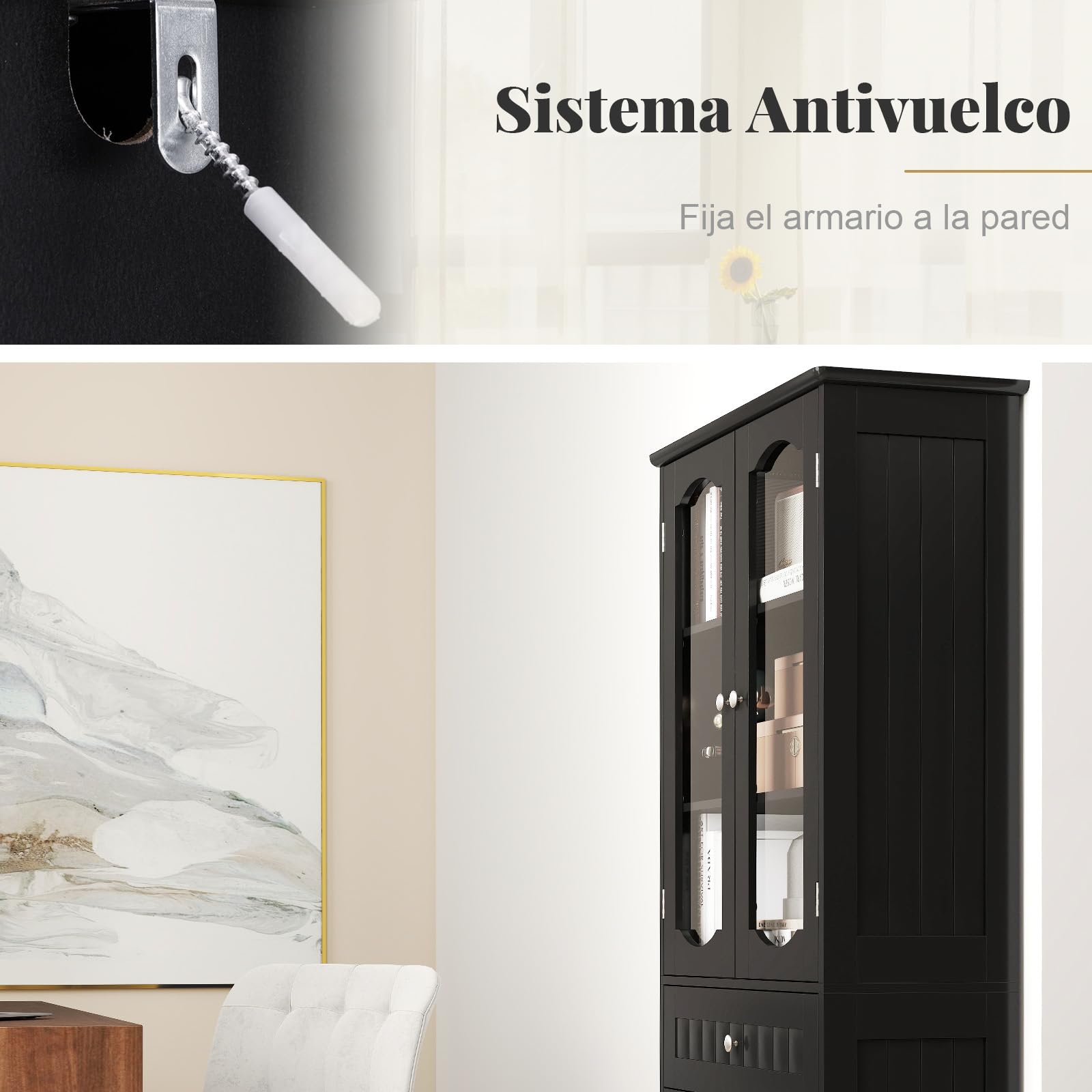GOPLUS Armario de Baño Alto de 160 CM, Armario de Almacenamiento Independiente con Puertas de Vidrio Templado, Estantes Ajustables y Cajón Grande, Organizador Estrecho para Cocina (Negro)