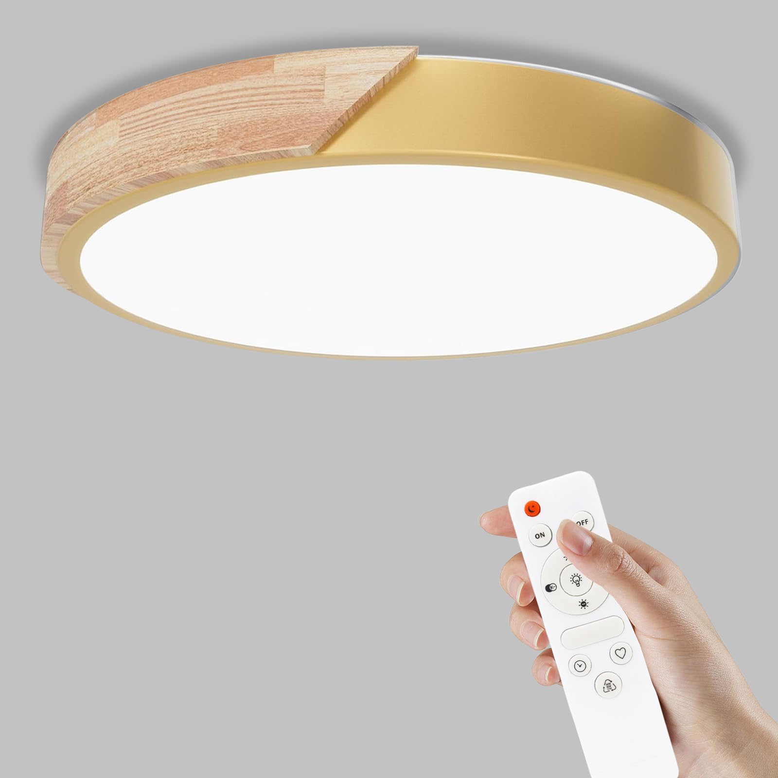 Yexati Ceiling Light Wood, Dimmable Ceiling, 3200LM 6000K/4000K/3000K IP44, Remote Controlled Led Ceiling Light, 32W Modern Light Fixture for Living Room, Bedroom and Hallway, 40CM, Gold