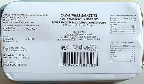 Conservas GRACIETE - Makerel pequeño en conserva gourmet en aceite de oliva - 4.23oz 120gr (paquete de 5 latas)